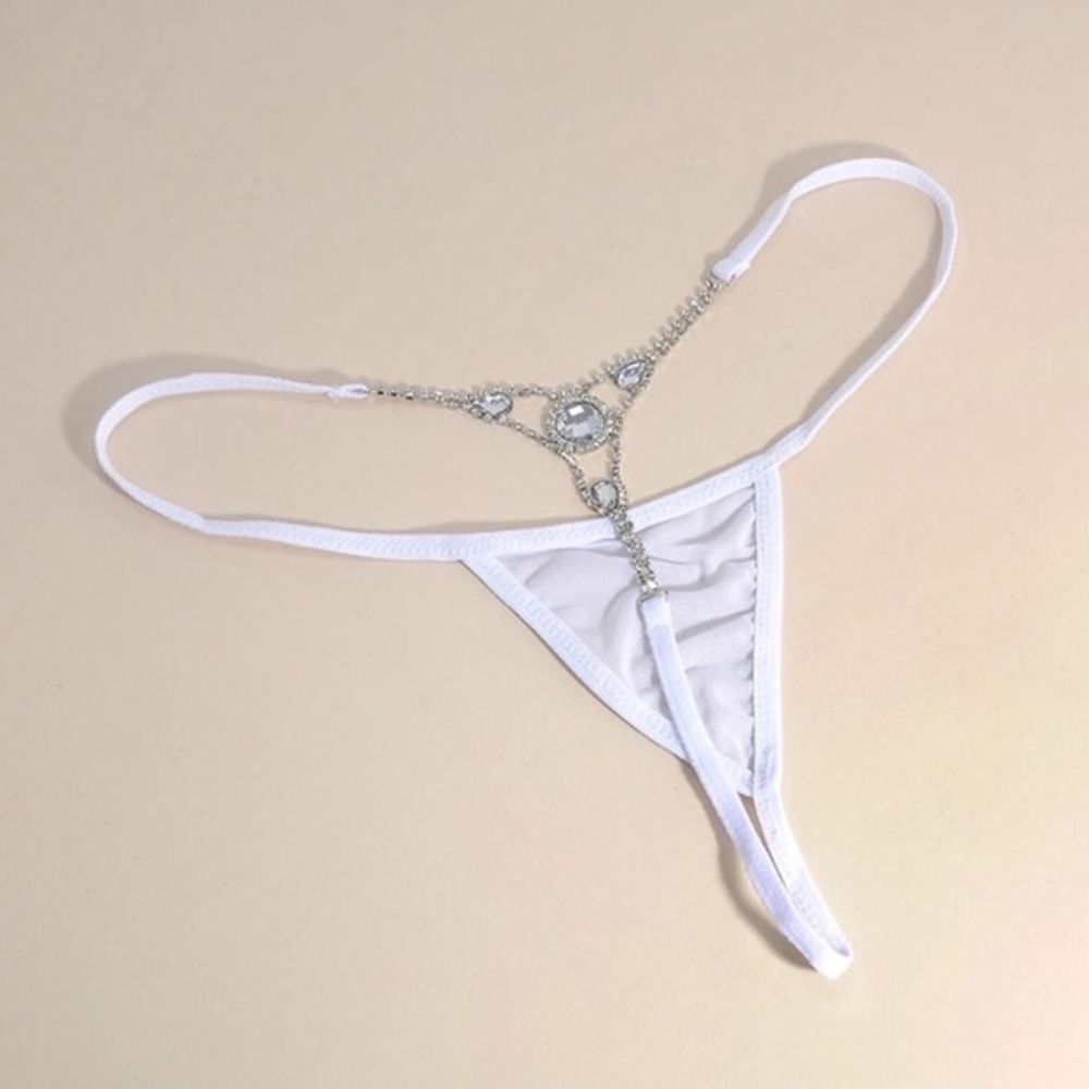 WHITE Rhinestone Satin Bejewelled G-String. Micro Bikini bottom.